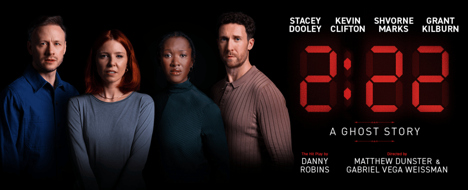 Kevin Clifton and Stacey Dooley in regular grey and blue shirts next Shvorne Marks and Grant Kilburn to a red 2:22 analogue clock display