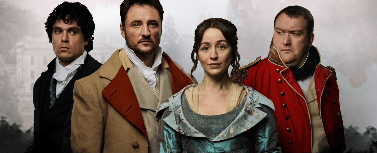 4 performers in period costume lined up in front of a white background with red cursive text above spelling 'Death Comes To Pemberley'