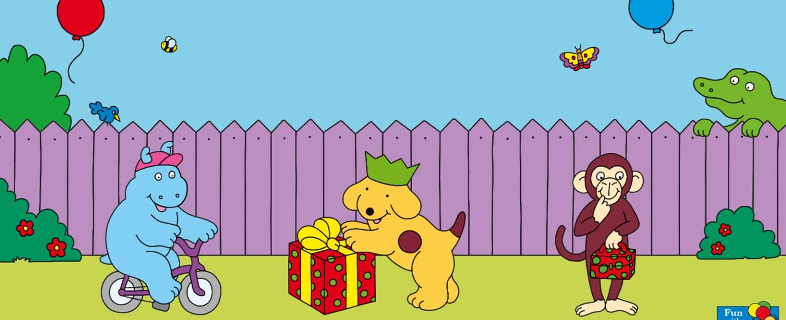 Spot a golden cartoon dog with a brown spot is in the centre opening a present wearing a green party crown hat. On the left a blue hippo is riding a purple bike. On the right a monkey holding a bag. They are in a garden with a purple fence along the back of the image. A green alligator is looking over the fence. 