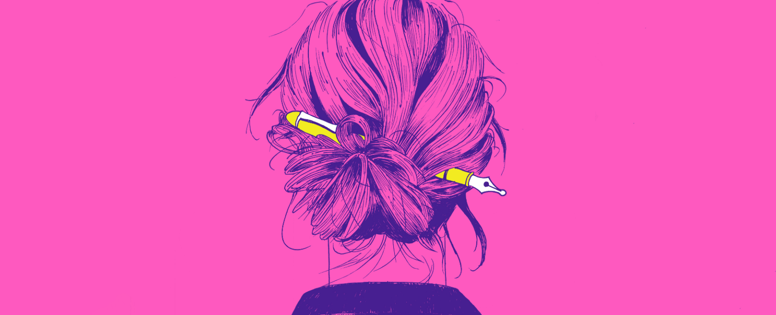 A silhoutte of a woman with her hair in a bun turned away with a pencil placed in her hair in front of a pink  background