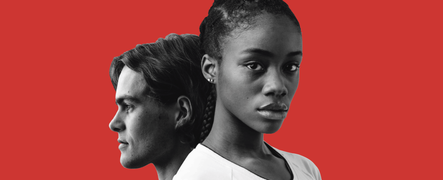 A man looks out left and a woman looks towards the camera in black and white in front of a red background