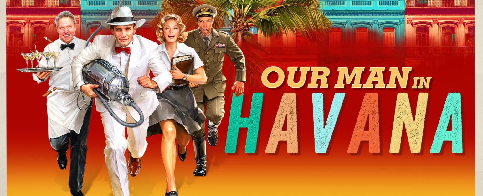a man holding a hoover is running with a man in a bowtie holding a tray of cocktails, a woman in a suit holding a book and a man in army uniform is running behind with a whistle