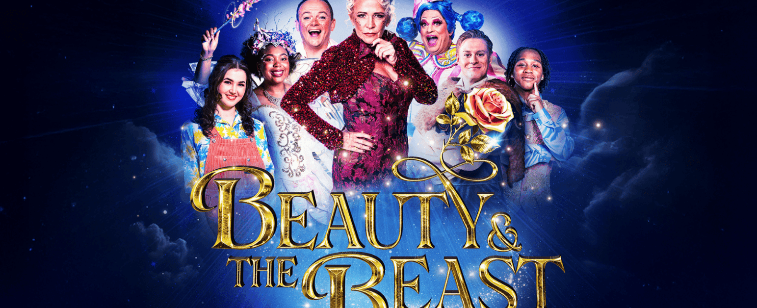 Beauty and the Beast in gold lettering in front of an image of a gothic cast and a golden rose with a blue background