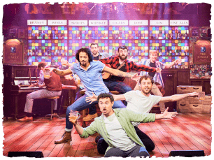 Men dancing;vibrant colours