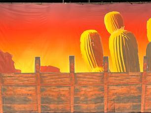 A printed cloth of a desert during a sunset