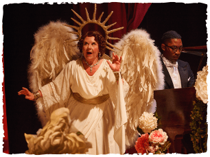 Glorious prod pic - Wendi dressed as angel, matthew in tux