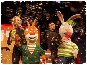 2 rabbit puppets blowing bubbles