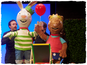 Rabbit Puppet and Mouse puppet, mouse holding baloon