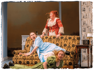 One girl fallen on sofa, lady stood behind