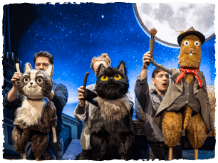 two cat puppets and other puppet