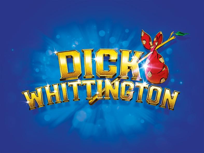 A dark blue background with a light blue burst of light in the centre, with small bubbles coming from the middle. A curved title reading 'Dick Whittington' stands in the centre in bright, metallic yellow. There is a red cloth bag bunched up and tied to a brown stick, with a solitary leaf sprouting from the top.
