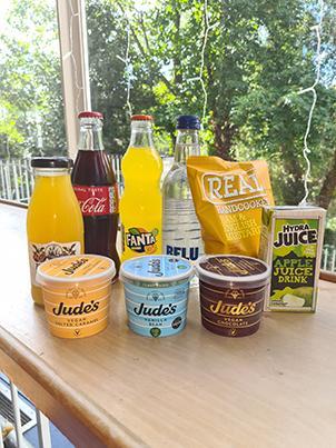 A selection of drinks, snacks and ice creams