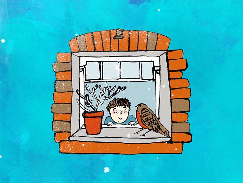 An illustration of a window surrounded by a row of bricks against a blue background. A young boy sits in the window looking at a robin perched on the sill.
