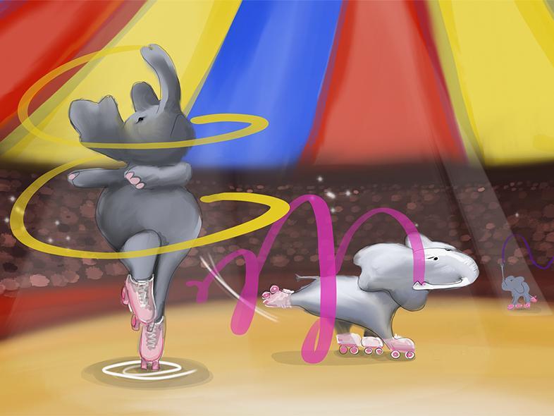 An illustration of three elephants doing acrobatics with ribbons in a circus tent.