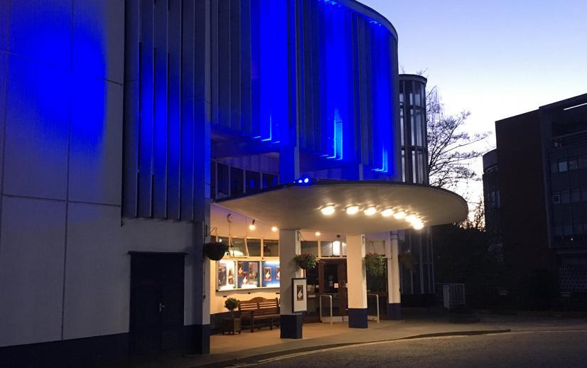 Yvonne Arnaud Theatre lit blue