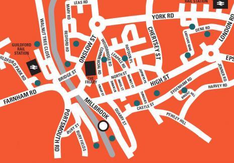 Orange illustrated map of Guildford