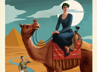 A illustration of a woman sitting astride a camel.