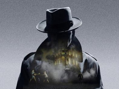 A grey background. The silhouette of a man in a hat is in the foreground, the image of a house is projected onto him.