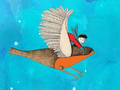 An illustration of a robin flying against a blue background. A small boy sits between the bird's wings, riding the bird in flight.