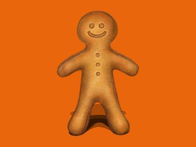 A hand drawn illustration of a ginger bread man on an orange background.