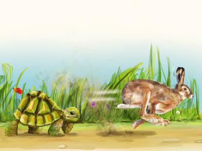 A hand drawn illustration of a hare being chased by a tortoise in front of a bank of grass and wildflowers.