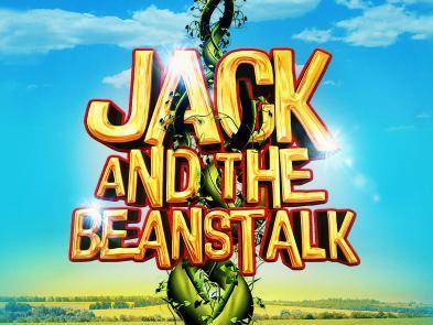 A background of green fields and blue sky. A large beanstalk entangled between the words 'Jack and the Beanstalk' climbs from the bottom of the image.