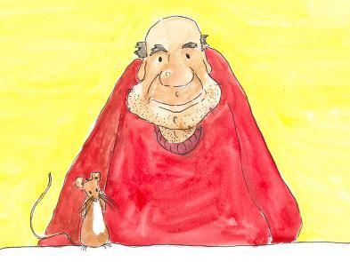 A hand drawn illustration of a bald man in a red top, and a small mouse.
