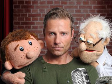Paul Zerdin with two of his ventriloquist puppets