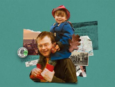 A collage of old photos and scrapbook pieces. The main piece is an old photo of a young boy sitting on his father's shoulders.