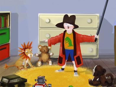 An illustration of a young child in a bedroom wearing a large red coat and black top hat holding a cane. They are stood in a circle with a selection of toys like a ringmaster at a circus.