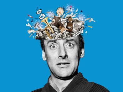 In front of a blue background, a man's face in black and white hue. Out of his head are a selection of animated illustrations and words suggesting he has a brain full of ideas.