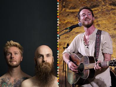 Two images side by side, divided by a border. On the left are The Last Inklings (Leonardo MacKenzie and David Hoyland). They are photographed from the shoulders up. Leonardo Mackenzie has short blonde hair, stubble and chest tattoos. David Hoyland has a shaved head and a long beard. Lukas Drinkwater stands on stage in front of a microphone. He has light brown hair and is playing an acoustic guitar.