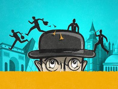 The top of a man's head is visible above a bar of gold. He wears a bowler hat and glasses, and peers up at the ceiling. The background of the image is blue. The right side of the image features the silhouette of a London cityscape with Big Ben visible while the left shows French architecture. The silhouettes of two men sprint across the top of the bowler hat carrying bags from a heist. Two miniature Eiffel towers fall from the bags and two police officers holding batons pursue them.