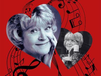 A red background with swirls of musical notes. Two heart-shaped black and white photos of female faces.