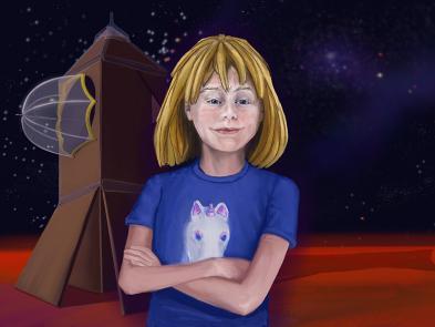 An illustration of a girl stood on a red planet in front of a rocket.