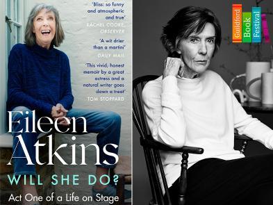 Eileen Atkins' headshot alongside the front cover of her book and the Guildford Book Festival logo
