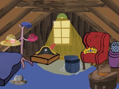 An illustration of an attic where there are lots of hats in various places.