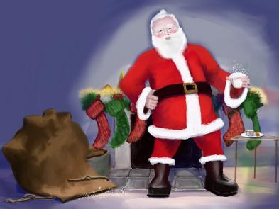 An illustration of Father Christmas surrounded by presents.