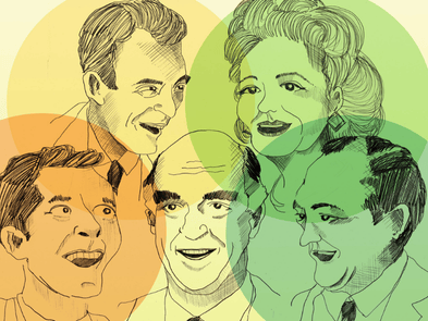 Illustrations of 5 performers heads in suits in front of pastel coloured circles