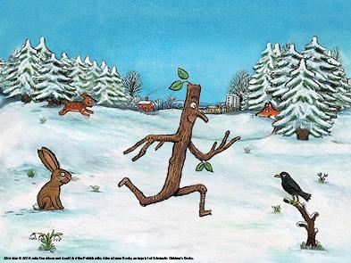 An drawing of a winter snowscape, with a character made of sticks leaping across the snow, surrounded by a brown rabbit and a black crow.