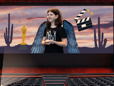 A mockup of a hollywood cinema screen with a workshop participant superimposed onto a western movie