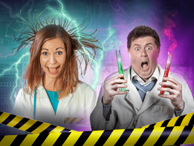 A woman and a man in a science coat with lightning and bubbling flasks in the background