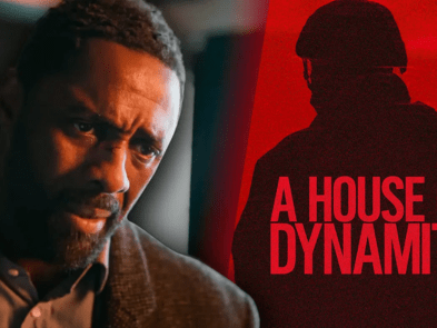 Silhouette of the back soldier in uniform, with A House Of Dynamite typed in red across the back. Idris Elba on right