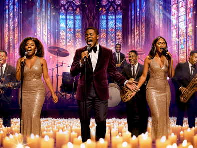 3 singers with mics, with candles behind