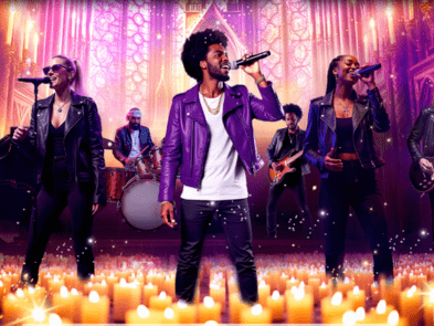 3 singers with mics, with candles behind