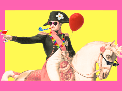 Man sitting on a white horse with a napoleon hat and outfit, with a party popper, a cocktail, flowers round their neck and balloon