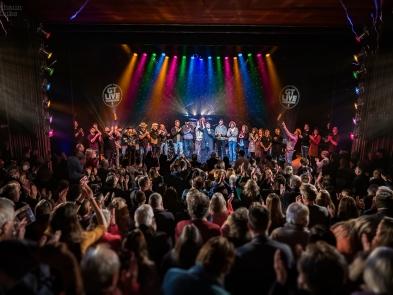 A crowd in a theatre watching a concert