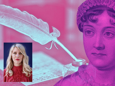 A pink image of a bust of Jane Austen and a white feather quill and some paper