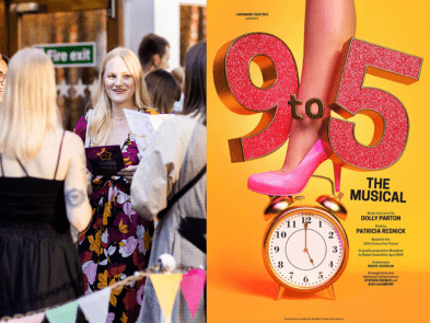 Showgoers group of people, with 9 to 5 poster next to it