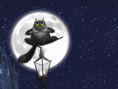 Toto cat by the moon, on lampost
